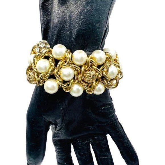 Wide Faux Pearls Crystal Goldtone Weaved Link Stretch Cuff Bridal Mother o Bride - Picture 3 of 10